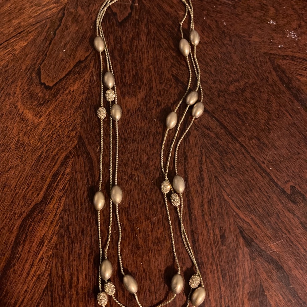 Tripled Chain Golden Pearl and Sparkly Beaded Necklace